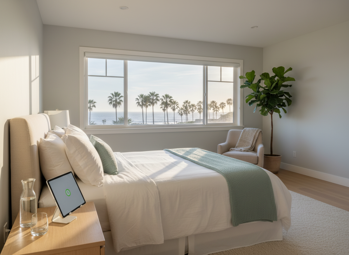 A tidy bedroom in a coastal San Diego home prepared for professional home health recovery, completely unoccupied. A neatly made bed with crisp white linens and a pale teal throw sits near a large window looking out onto distant palm trees and a hint of ocean haze. On the bedside table, a digital tablet on a stand, a glass water carafe, and a small, sleek medical monitor are arranged with precision. Late-afternoon golden light streams in, creating soft highlights on the linens and gentle shadows along the wall. Photographic realism, eye-level composition, and a calm, spacious layout communicate restful, patient-centered healing at home.
