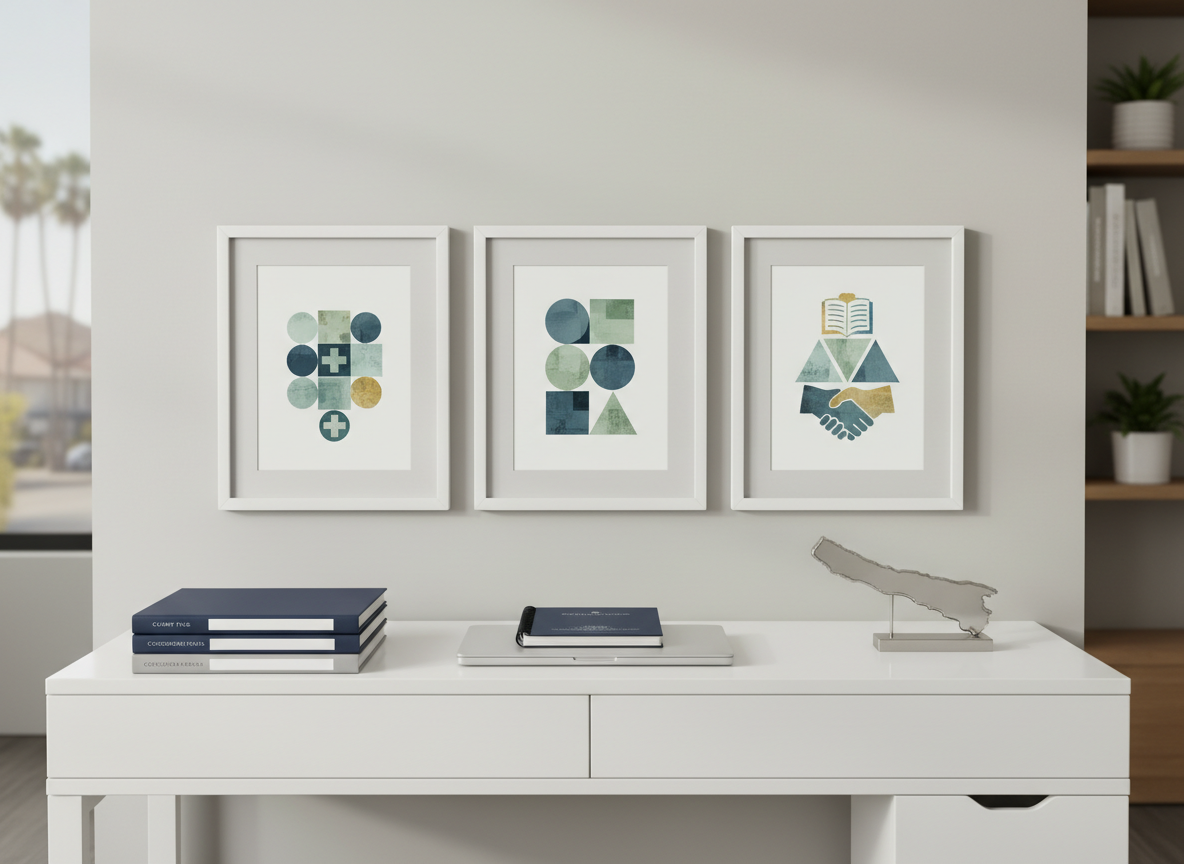 A dedicated home health workspace set up in a small San Diego home office, intentionally without any people. A modern white desk holds three framed, abstract representations of professional credentials: simple geometric shapes and subtle icons arranged like diplomas, avoiding readable text. Below them, a closed laptop, notebook, and neatly stacked files in navy and soft gray suggest organized care coordination. A subtle map outline of San Diego County appears on a small desk ornament. Soft studio-style lighting from the left creates clean, even illumination and faint shadows, emphasizing professionalism and trust. Photographic realism with centered, balanced composition, suitable for representing provider bios and credentials without portraits.