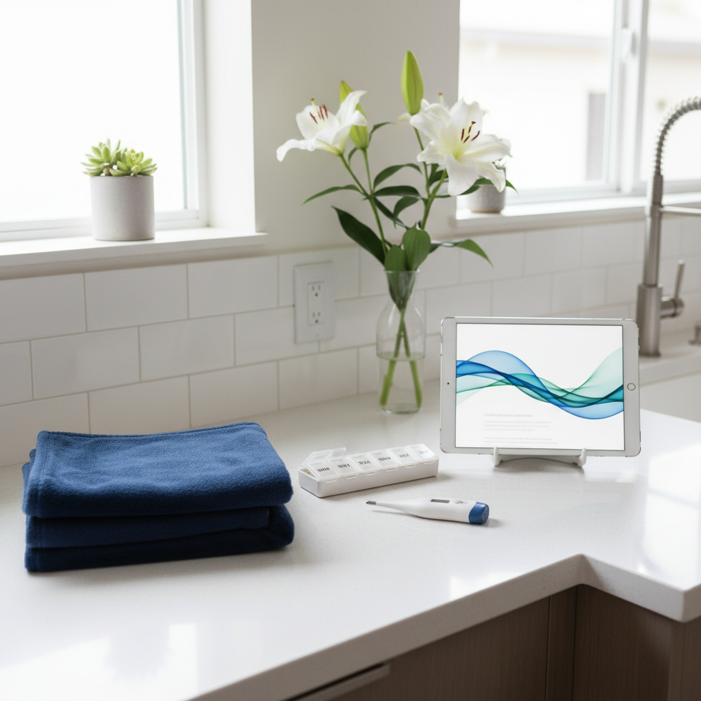 A bright, immaculate kitchen corner transformed into a home health care station without any people present. A smooth white countertop holds a neatly folded navy-blue blanket, labeled medication organizer, digital thermometer, and a sleek tablet showing an abstract, non-readable interface. A small vase with white lilies adds warmth and comfort. Soft overcast daylight filters in through a nearby window, creating diffused, shadow-free lighting that feels clean and clinical yet welcoming. Shot from a slightly elevated angle in photographic realism, with balanced composition and clear detail across the frame, conveying meticulous, reliable in-home care services in San Diego County.
